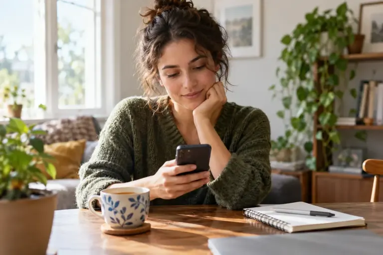 A person reading a message on a phone at home.