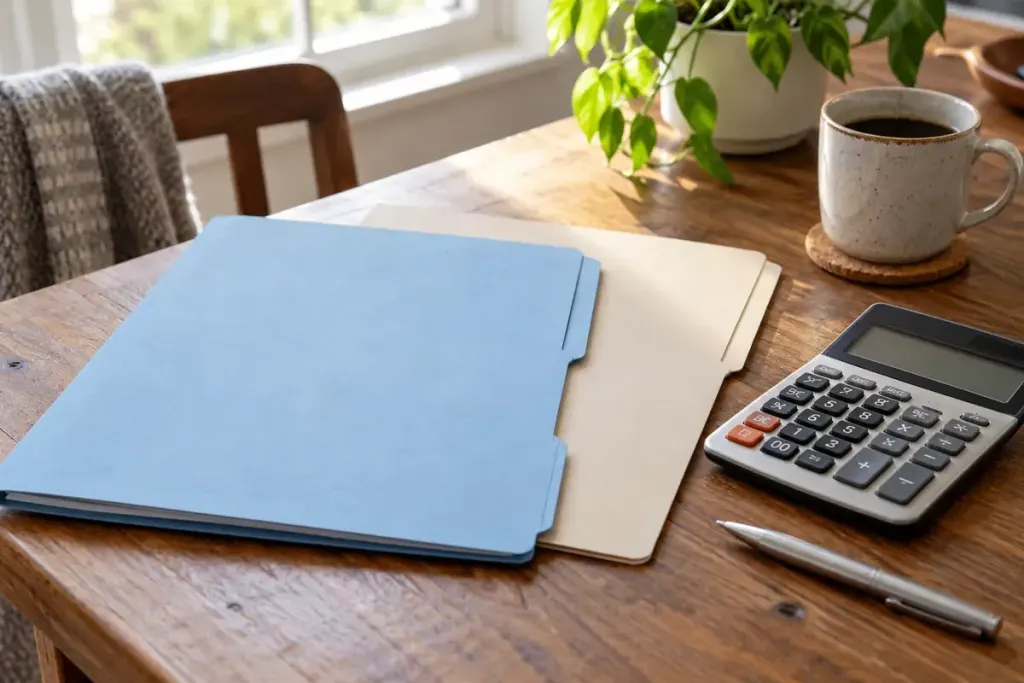 Two plain healthcare statement folders beside a calculator on a home desk.