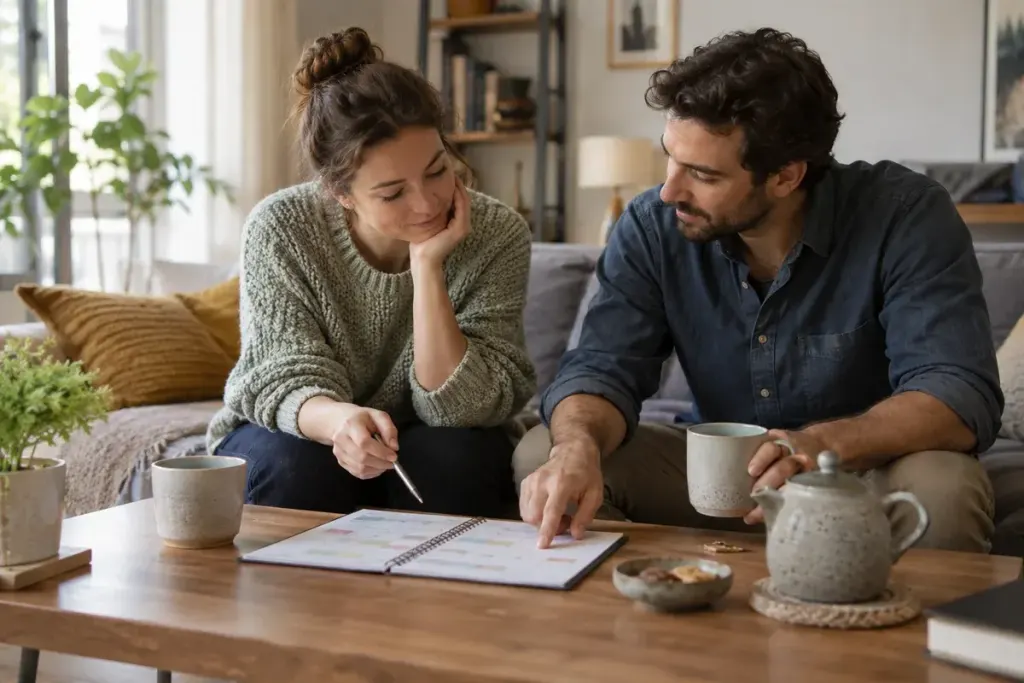 Two adults discussing a weekly calendar over tea in a quiet living room, supportive mood without staged hugging.