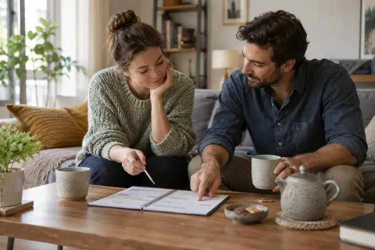 Two adults discussing a weekly calendar over tea in a quiet living room, supportive mood without staged hugging.
