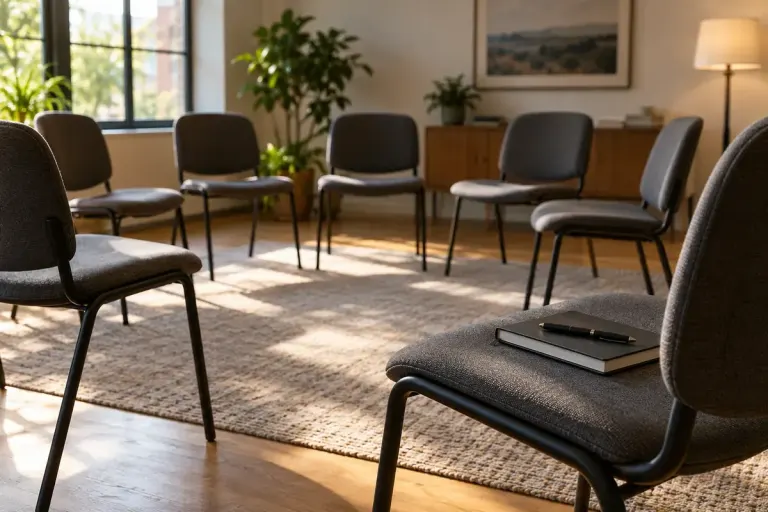 A closed notebook and pen on an empty chair beside a circle of chairs in a quiet meeting room.