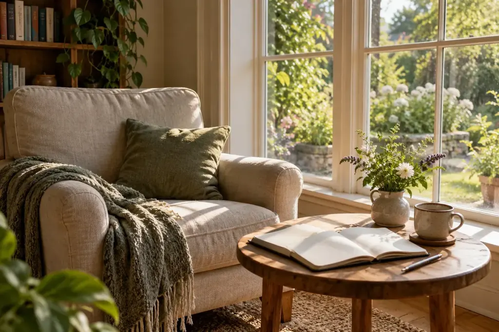 An open journal beside an armchair and a garden window.