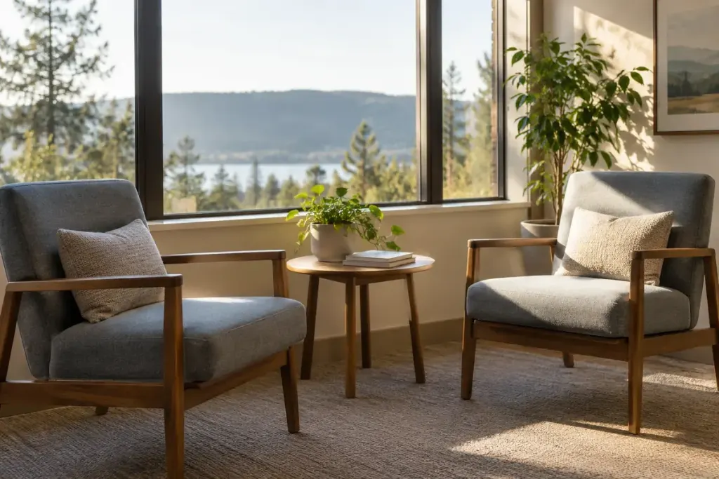 Two empty chairs beside a window in a peaceful visitors lounge.