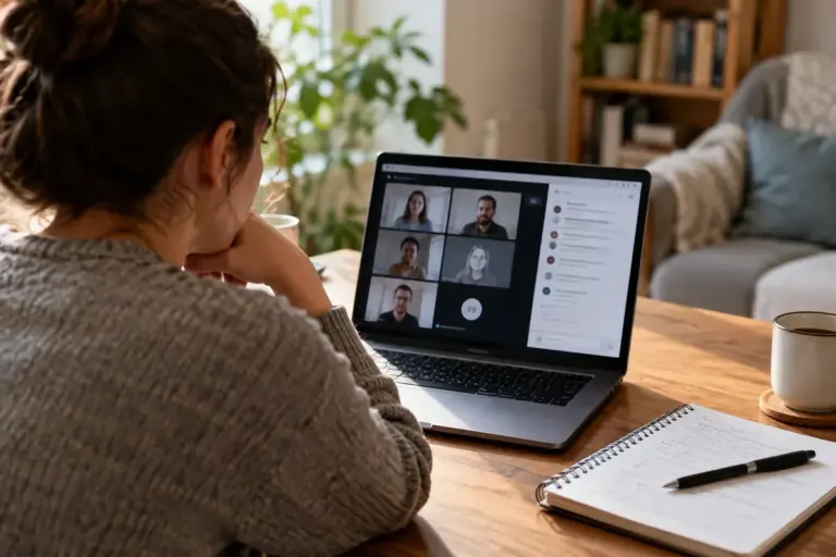 A laptop with indistinct group discussion layout and a notebook in a quiet private room.
