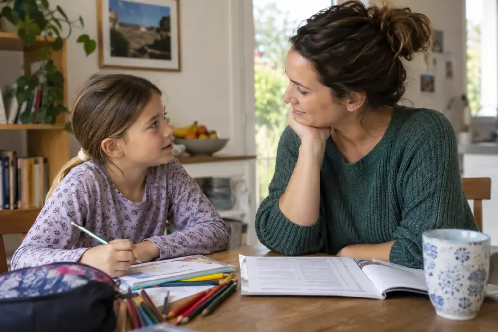 Caring adult and school-age child talking calmly at a home table with drawing materials, respectful non-distressed family scene.