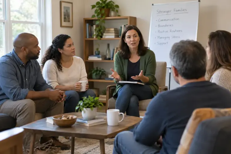 Several adults attending a small family education session led by a facilitator in a calm room.