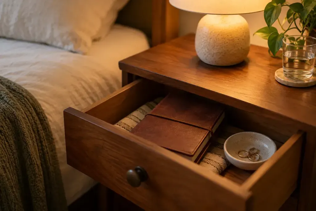 Closed personal journal in a drawer beside a lamp.