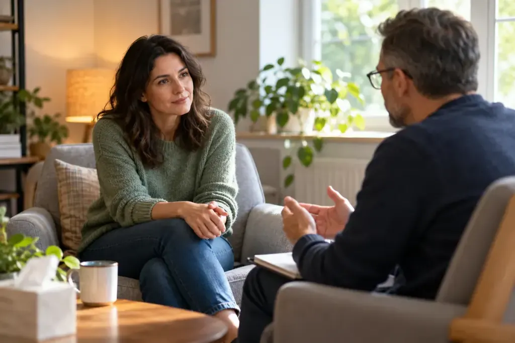 An adult sitting with a counsellor in a quiet room, supportive conversation and natural light.
