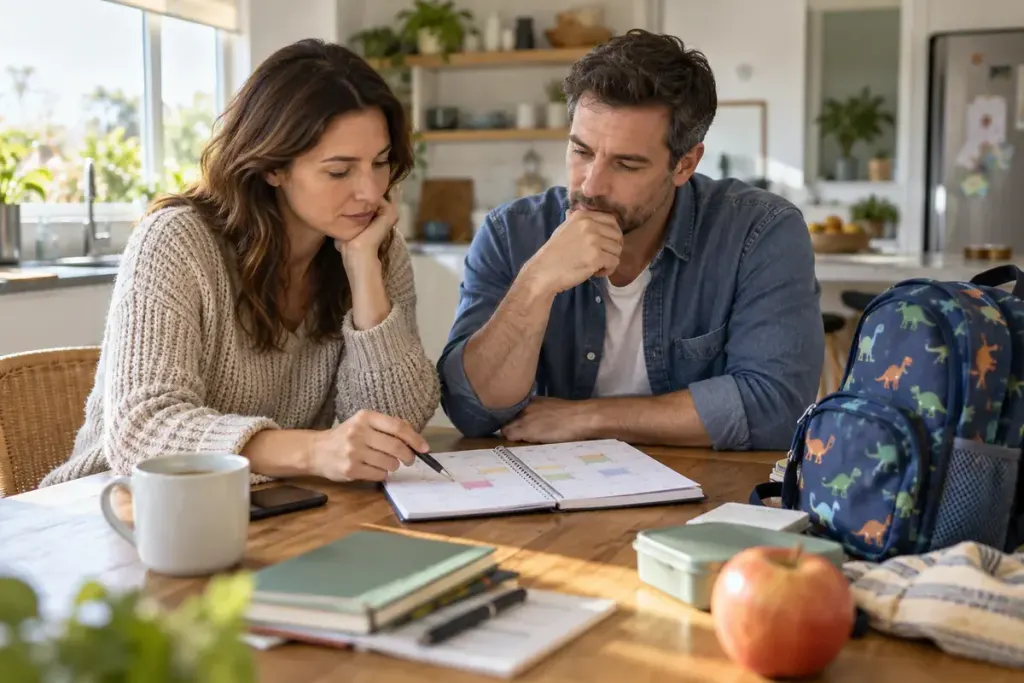 Two adults discussing a school pickup calendar at a kitchen table with a child's backpack nearby.