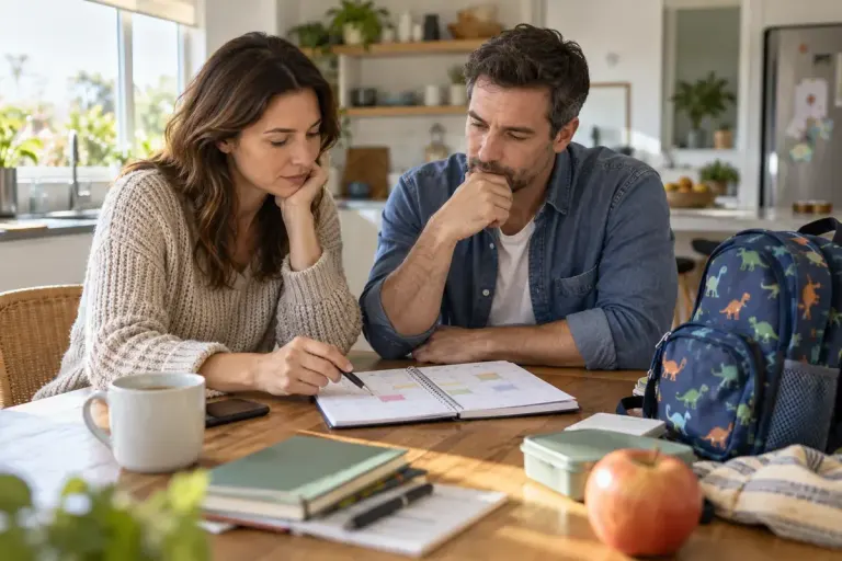 Two adults discussing a school pickup calendar at a kitchen table with a child's backpack nearby.
