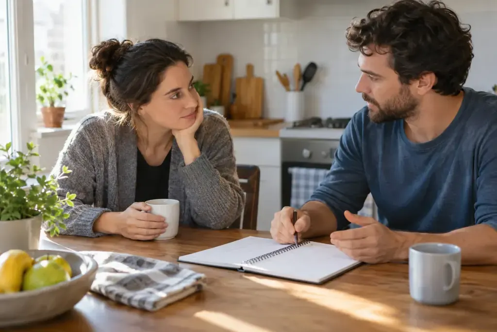 Two adults calmly discussing household tasks at a kitchen table with a simple blank planner.