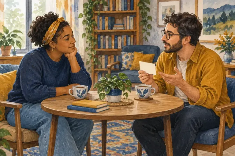 Illustration of two peers listening and discussing a question at a community table.