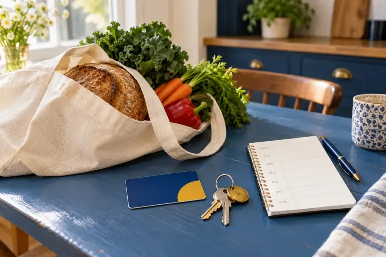 A grocery bag, keys and planner representing practical everyday support.