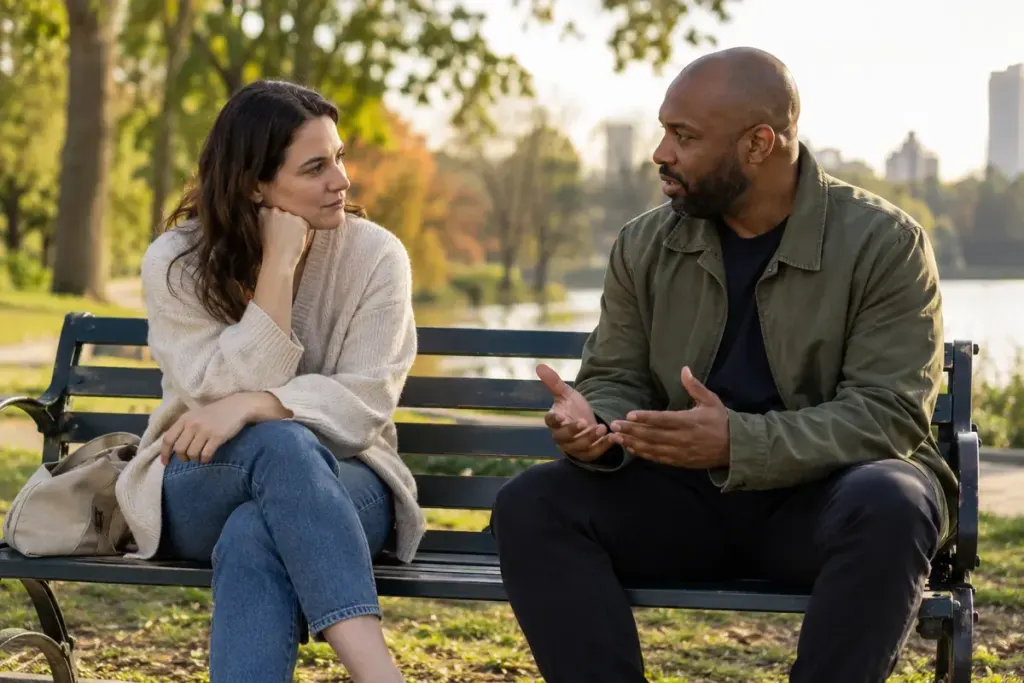Two adults quietly talking on a park bench, respectful distance.