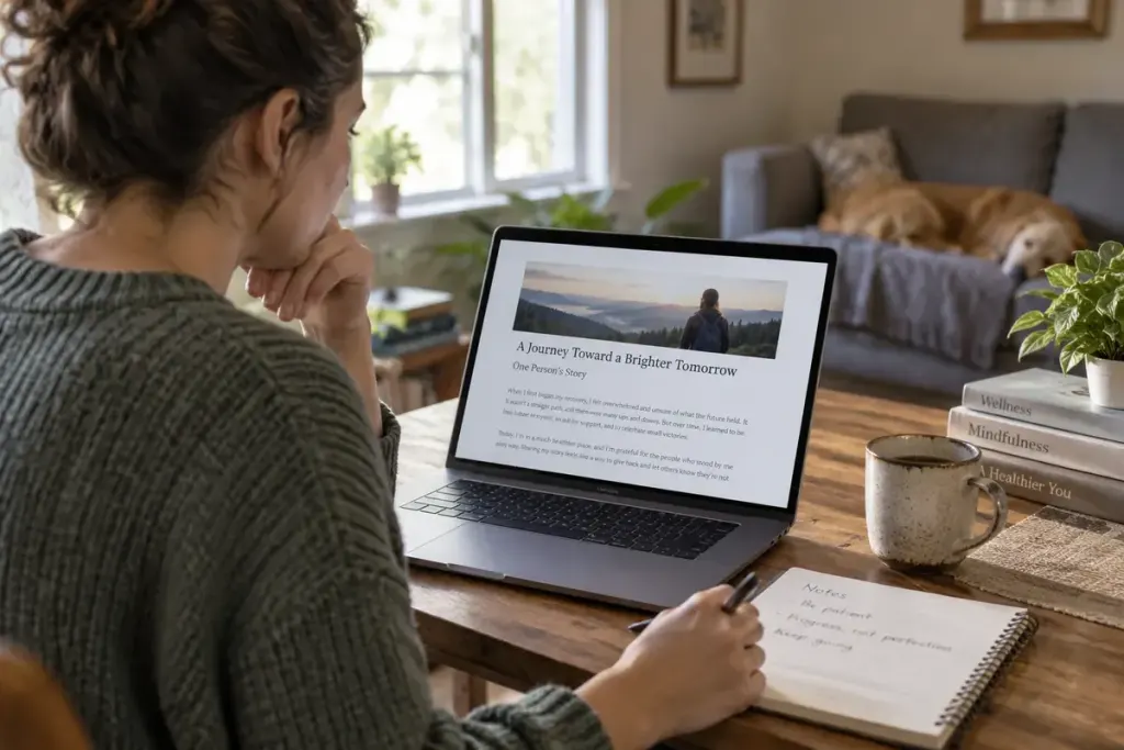 An adult reading a generic online recovery story with a notebook in a quiet home.
