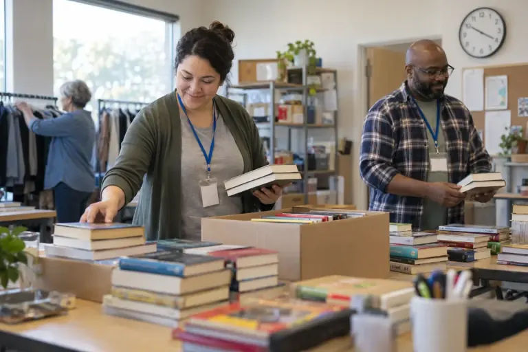 A volunteer arranging donated books in a community room with a clear clock and another helper nearby.