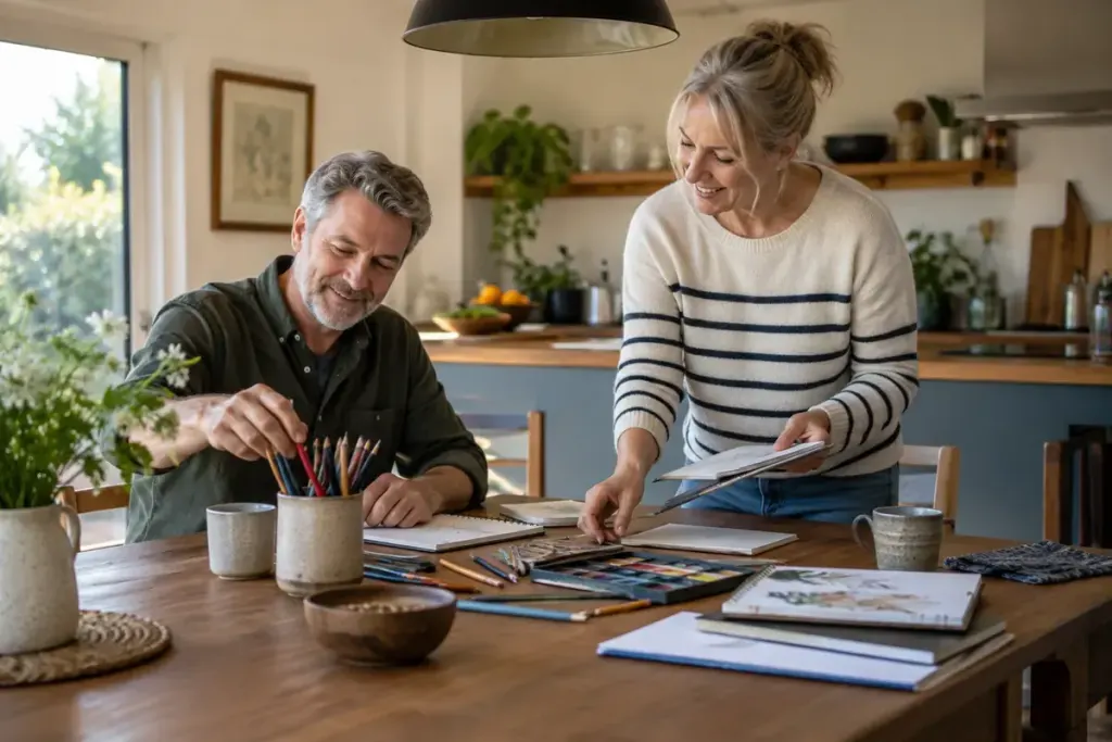 Two adults arranging drawing materials at a quiet kitchen table.