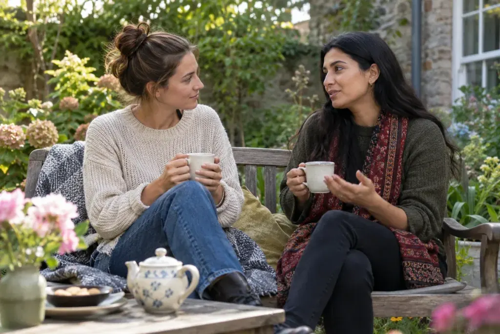 Two friends quietly discussing a social invitation on a garden bench, cups of tea, supportive relaxed atmosphere.