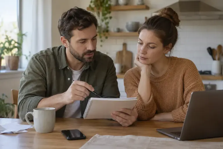 Two adults discussing a small household notebook at a kitchen table, attentive calm expressions.