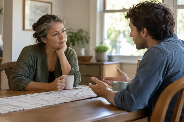 Two adults having a calm supportive conversation at a dining table.