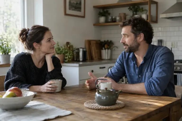 Two adults talking respectfully across a kitchen table with tea, relaxed realistic expressions.