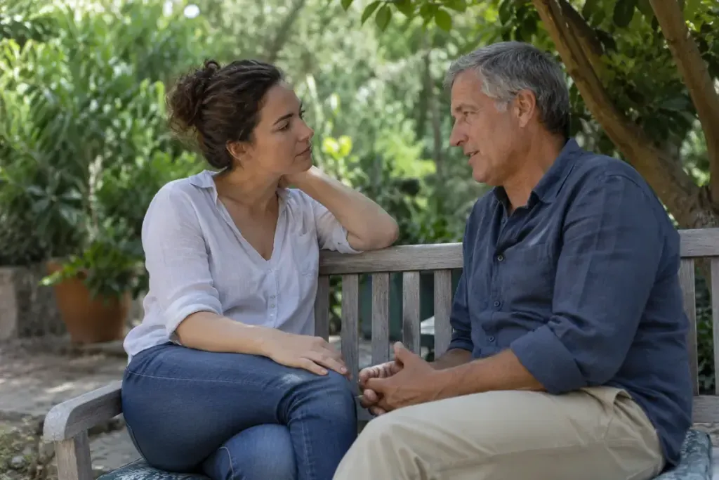 Two adults talking quietly on a shaded garden bench.