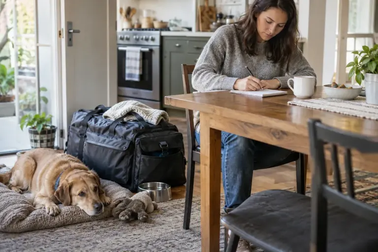 A dog resting near a travel bag while an adult prepares a pet-care note at a kitchen table.
